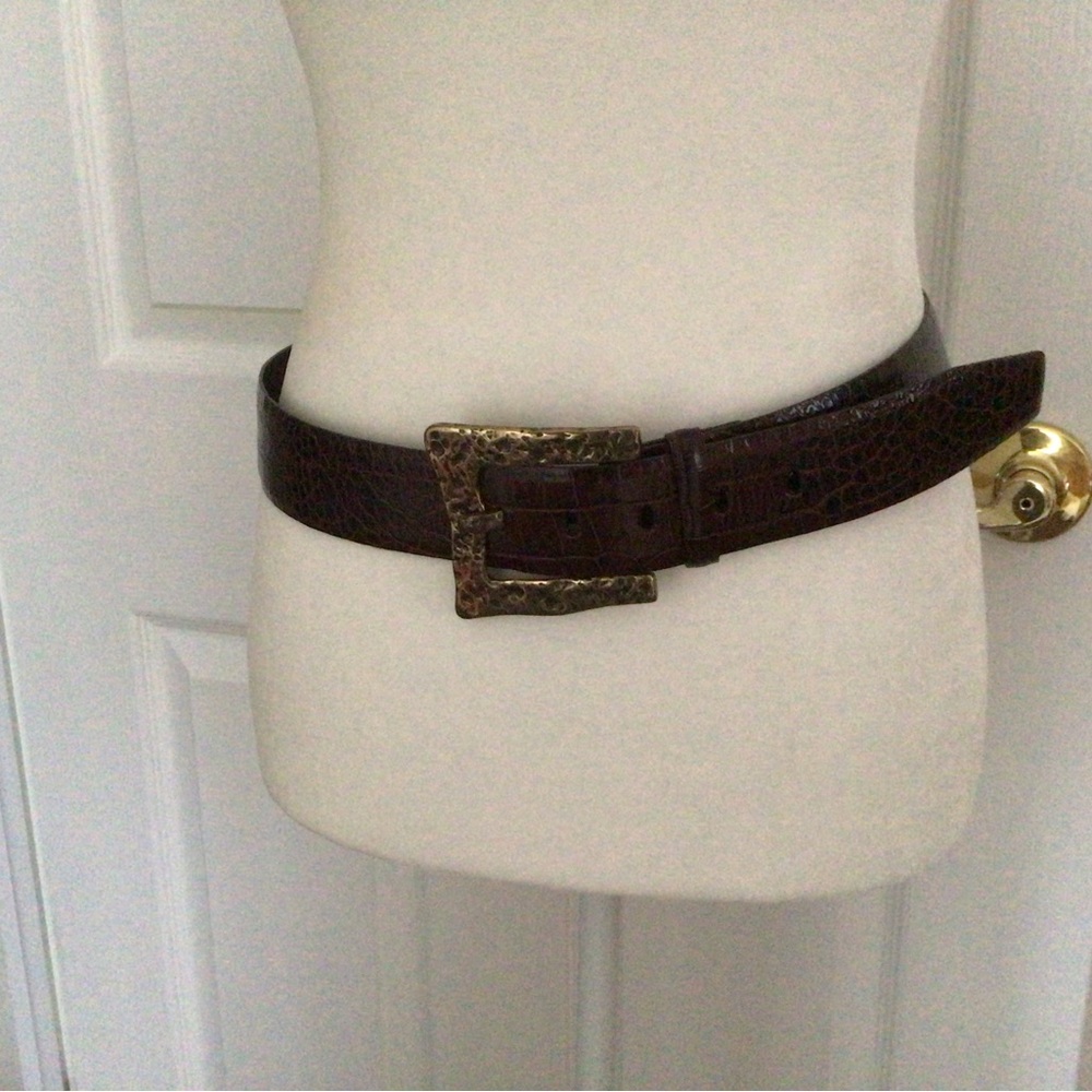 SANDY DUFTLER DK BROWN EMBOSSED WIDE BELT WITH GOLD HAMMERED BUCKLE